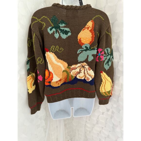 Berek Marta D Sweater Small HAND KNIT Cornucopia Pumpkins Leaves Gourds 1989 NEW - Picture 5 of 9
